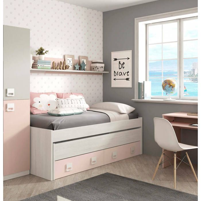 Dmora - Lit enfant Fairfield 199 x 96 x 65 cm blanc rose Panneau effet bois