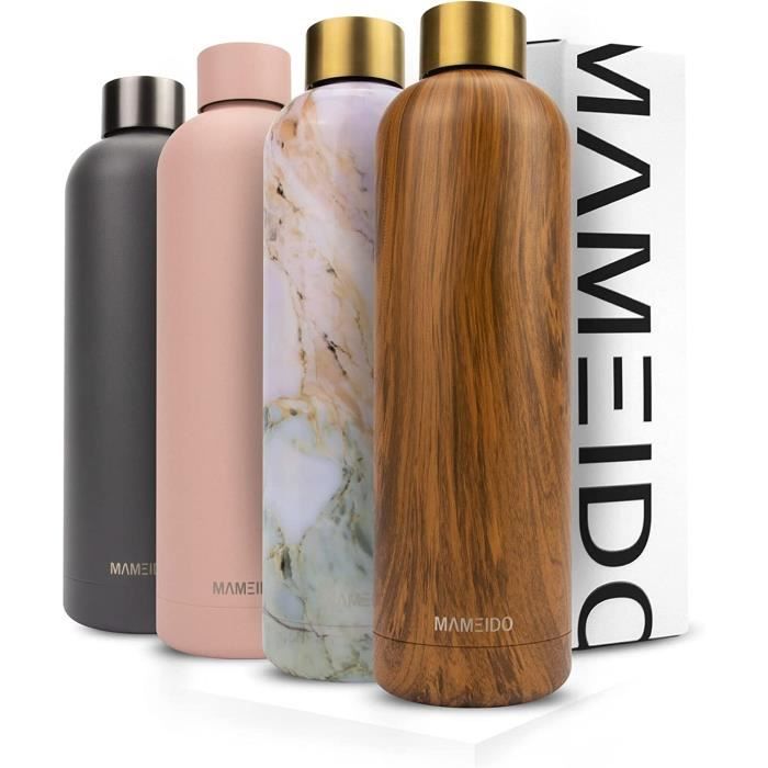 Mameido Gourde Isotherme 1l Oak Wood Gold Bouteille Acier Inox Étanche Sans Bpa Conserve Froid À 24h Chaleu