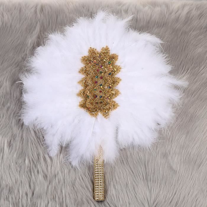 Objets décoratifs,Éventail à main en plumes personnalisé africain,pour mariage,danse en dentelle,avec paillettes - Type Pure White