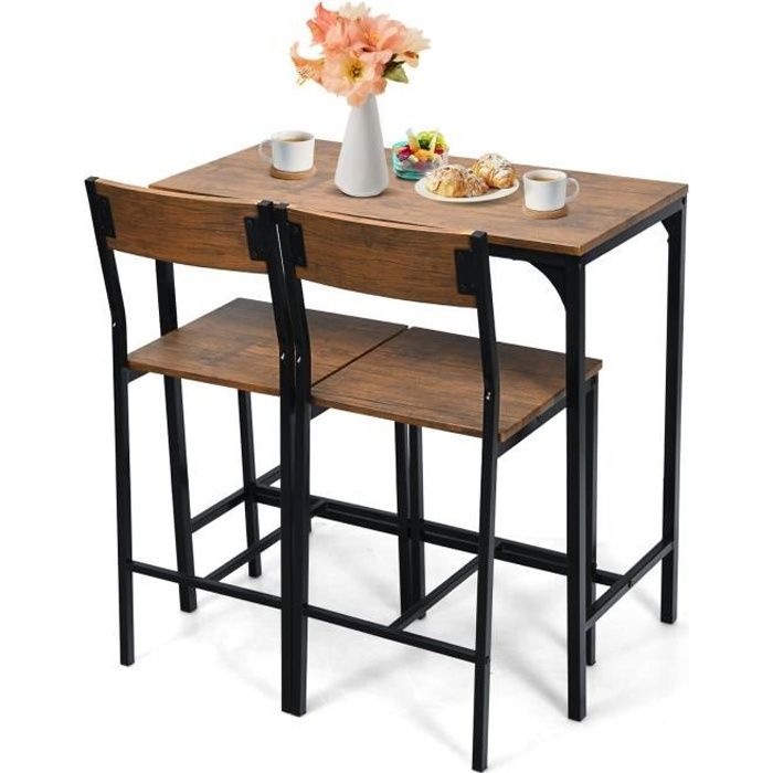 costway table de bar industriel avec 2 chaises, table haute mange-debout marron rustique pour bar, cuisine, bistro, restaurant