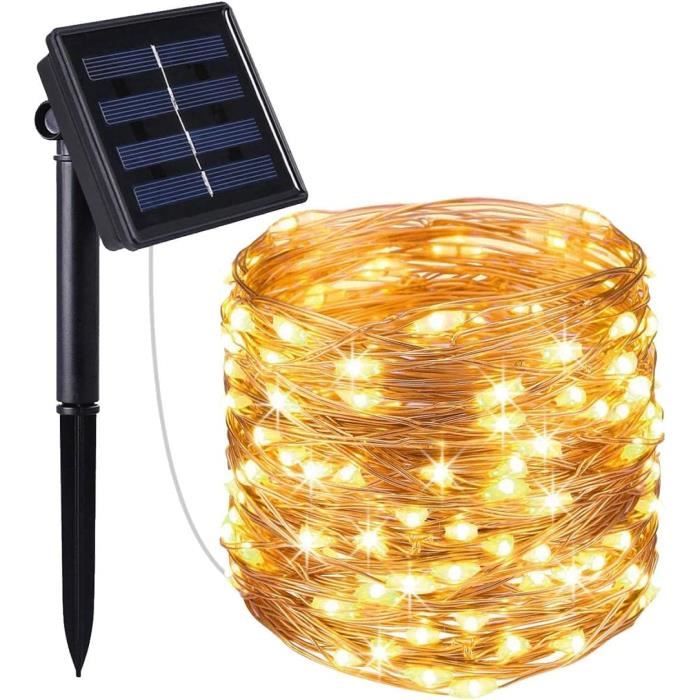 Guirlande lumineuse solaire en cuivre - 200 LED - 22m - 8 modes - Blanc chaud