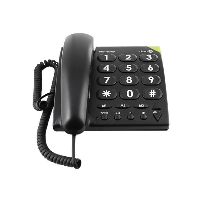 Téléphone filaire DORO PhoneEasy 311c - Noir - Grandes touches - 13 touches mémoires