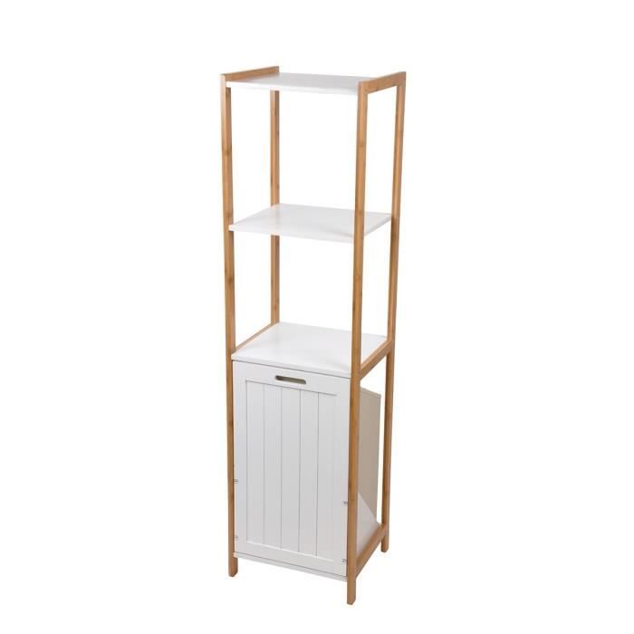 Meuble 3 Etageres Avec Panier A Linge Bambou Blanc Autres Blanc