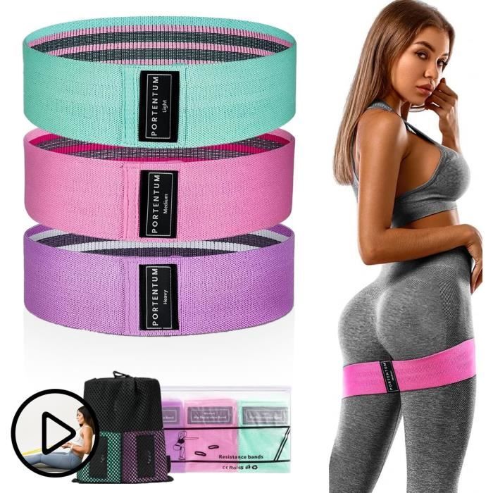 3 Bandes élastiques De Fitness En Tissu Antidérapant - Rose, Vert, Violet - Sac Inclus