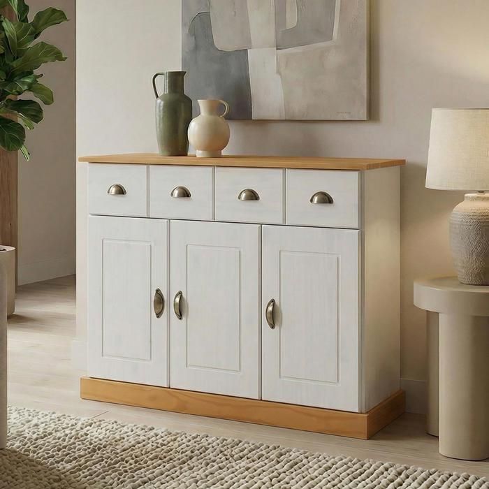 Buffet salle à manger PARIS en bois massif L 116 cm avec 3 portes battantes et 2 tiroirs spacieux blanc et brun Buffet salle à manger PARIS en bois massif L 116 cm avec 3 portes battantes et 2 tiroirs spacieux blanc et brun
