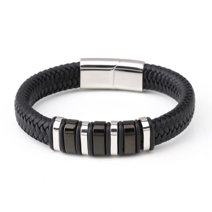 Bracelet Homme - INSFITY - SimiliCuir Acier Inoxydable - Noir