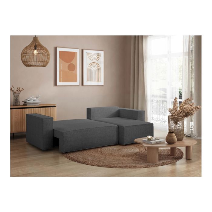 Canapé dangle 3 places convertible réversible CLARISSE avec coffre en tissu texturé - Gris foncé - L269 x P159 x H89cm - LOUNGITUDE Canapé dangle 3 places convertible réversible CLARISSE avec coffre en tissu texturé - Gris foncé - L269 x P159 x H89cm - LOUNGITUDE