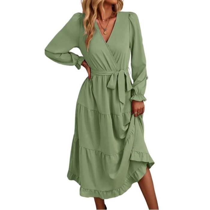Robe D'été Femme - Vert - Manches Longues - Taille 38 - Mousseline Polyester