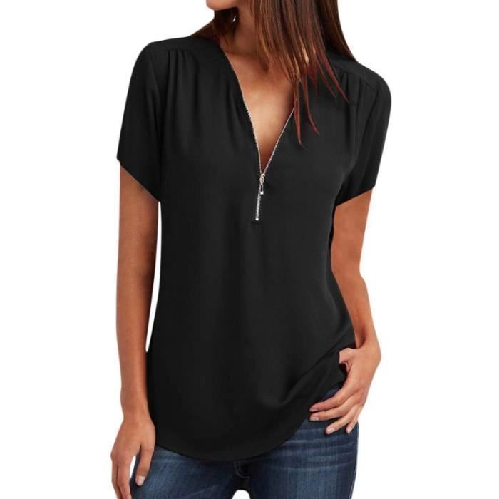 Tee Shirt Femme Oversize - Col V Manches Courtes - Coton Polyester - Basique Confortable
