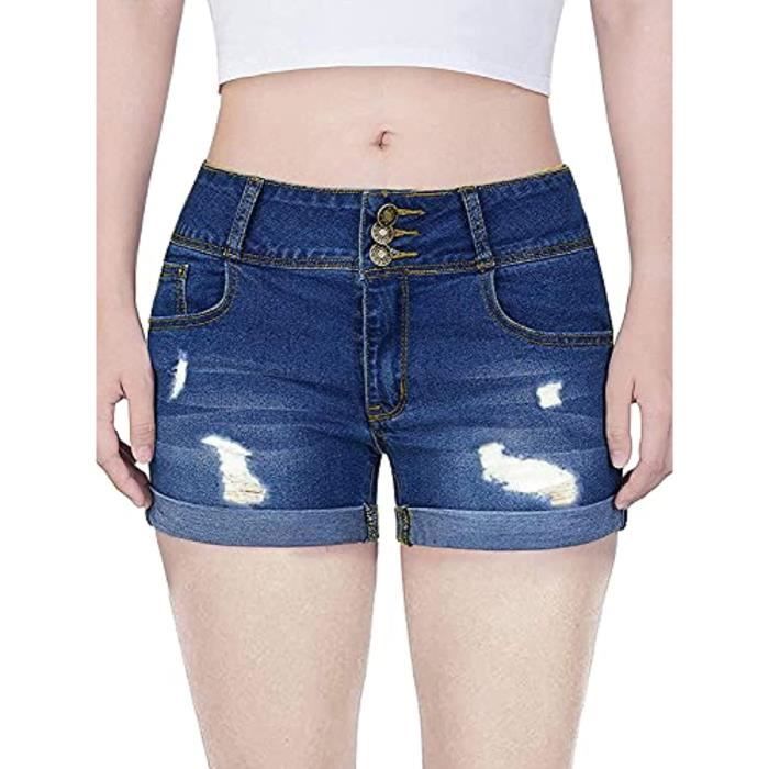 Jeans Short en jean ourlet roulé chaud taille haute déchiré pantalon ...