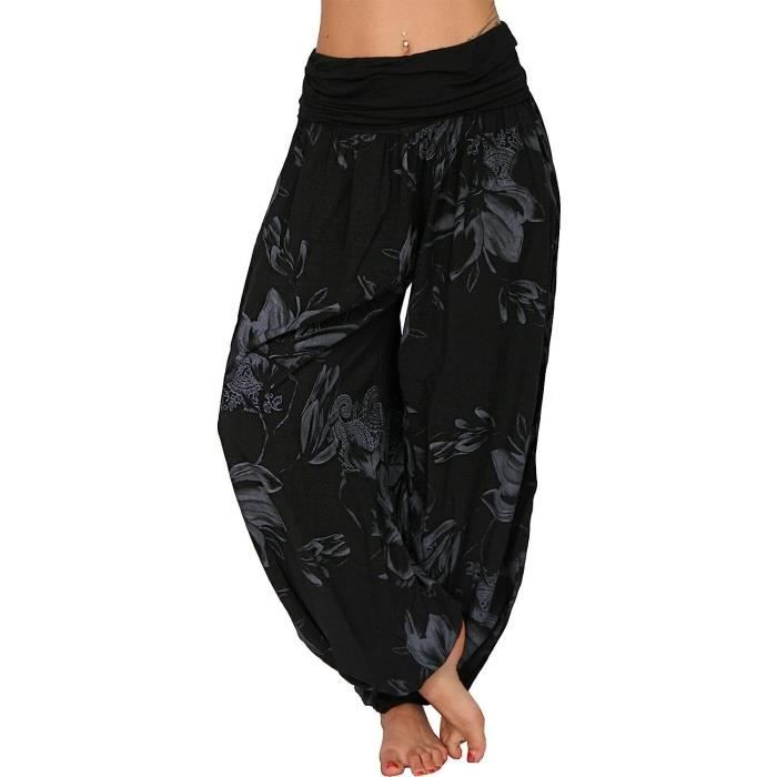 PANTALON Femme Ete Floral Imprimer Elastiquee Taille Pantalon Large Taille Haute Retro Sarouel Fluide Decontractee Noir