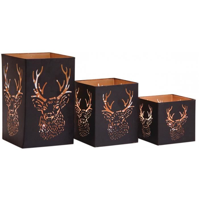 Lot De 3 Photophores Noël Skyline Métal Rouille – 20/15/10 Cm, Lanterne Décorative Avec Effet Lumière Magique