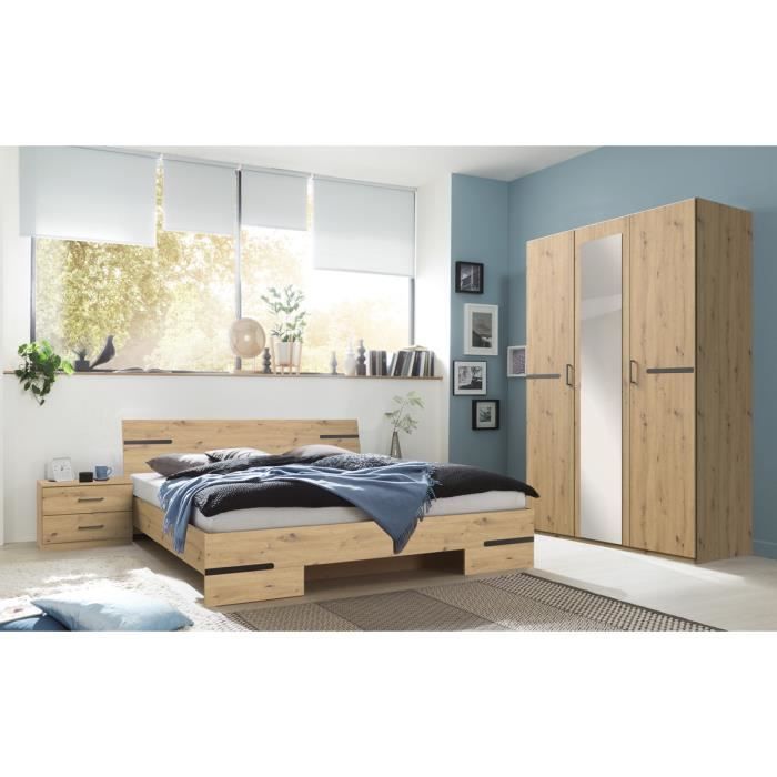Chambre à coucher complète adulte (lit 140x190cm + 2 chevets + armoire) coloris imitation chêne artisan