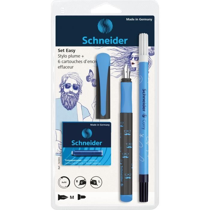 SCHNEIDER Set stylo à plume Easy Caoutchouc et plume inox Bleu — free download