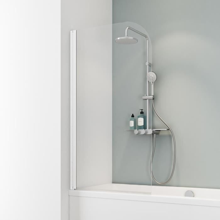 Pare-baignoire pivotant 1 volet, 80 x 140 cm, verre transparent 5 mm, profil&eacute; blanc, Schulte Capri