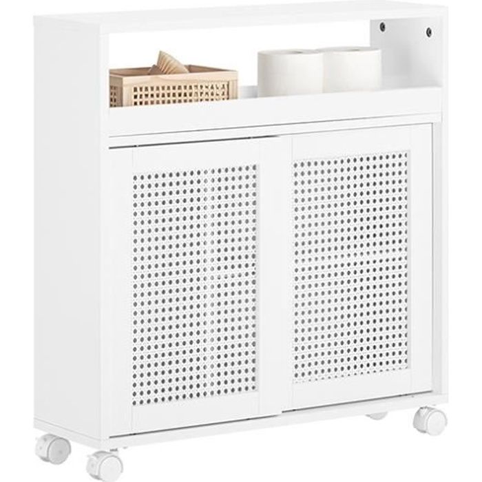 SoBuy Armoire WC BZR119-W Roulante - 2 Portes Coulissantes en Ploy Rotin 65 x 20 x 70
