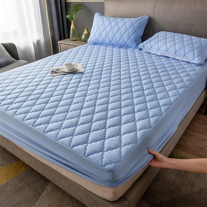 Drap Housse 120x190/200cm - Microfibre Respirant - Élastique 30cm - Bleu - Pour Matelas Profond 2 Personnes