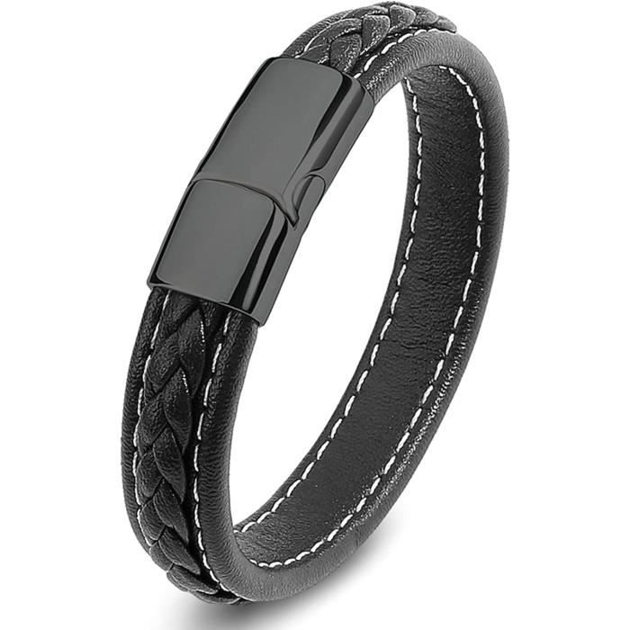 Bracelet En Cuir Noir Homme Telooco - Large Wrap Gothique Punk Vintage Avec Fermeture Sécurité