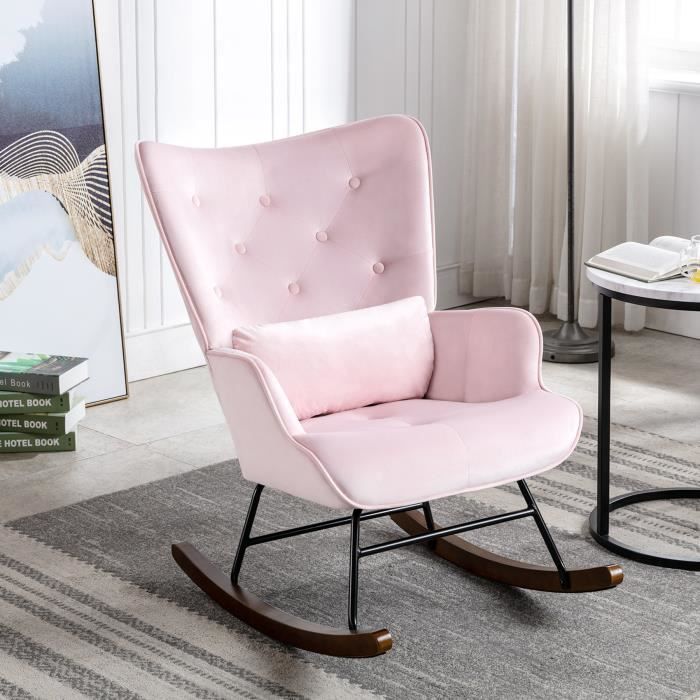 fauteuil à bascule  rocking chair chaise berçante allaitement bébé tissu en velours style scandinave bois d'hévéa, rose