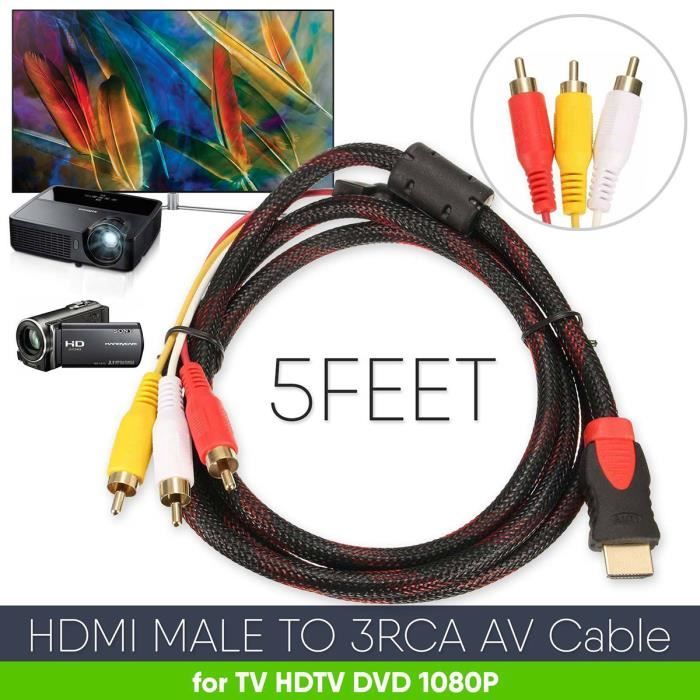 HDMI vers RCA câble 1.5 m HDMI mâle vers 3RCA vidéo Audio AV Component  câble Adaptateur convertisseur pour HDTV DVD de PC et la Plup - Cdiscount  Informatique
