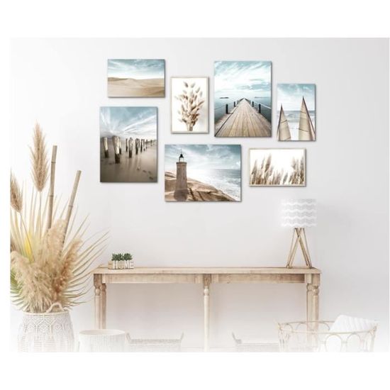 Tableau Moderne Phare Mer Pierres 150x100cm - Triptyque 5 Parties Décoration Murale Salon Chambre Art Imprimé Toile