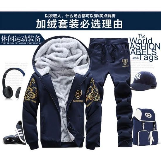 Ensemble Jogging Homme Hiver - Survêtement Polaire Avec Capuche Et Pantalon Doublé Fourrure - Chaud Et Confortable - Noir Taille L - 13