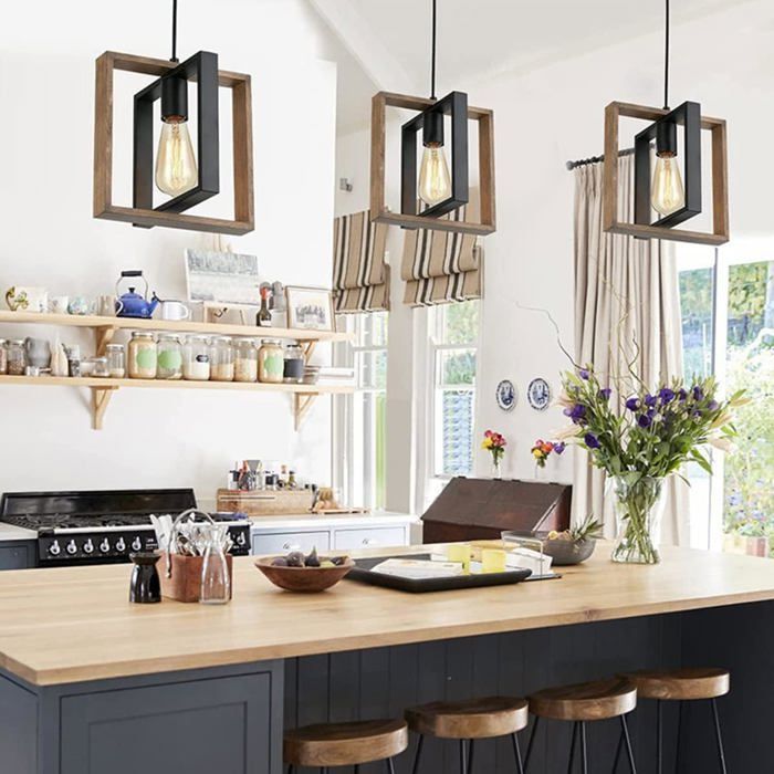 Suspension Luminaire Bois Lustre Industriel Noir E27 Lustre Cuisine en ...