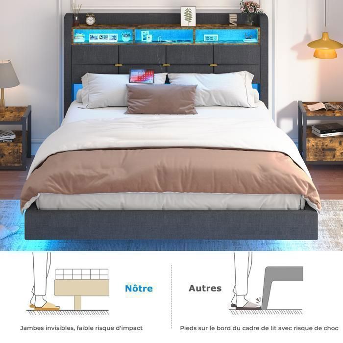 Lit Flottant En Métal 140 X 200 Cm Avec éclairage LED, Sommier à Lattes Métallique, éclairé, Noir | Leroy Merlin