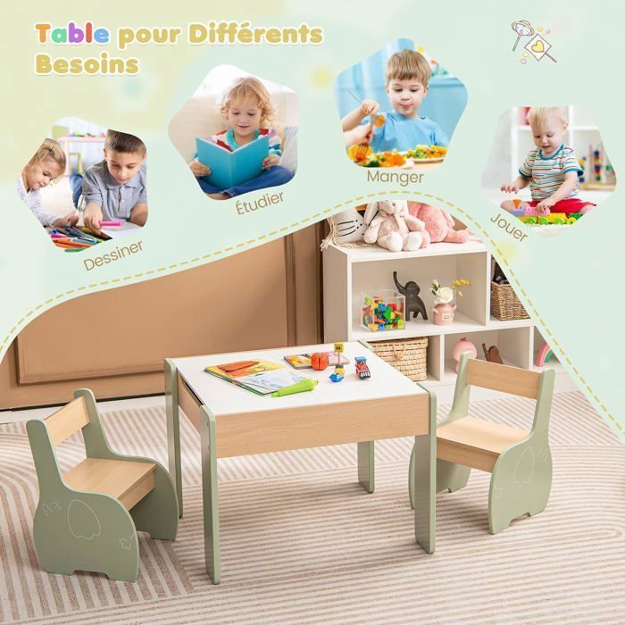 GOPLUS Table Enfant 4-en-1 Avec 2 Chaises – 3-6 Ans, Plateau Double Face Tableau Noir + Lisse, Rangement Intégré, Ergonomique Vert