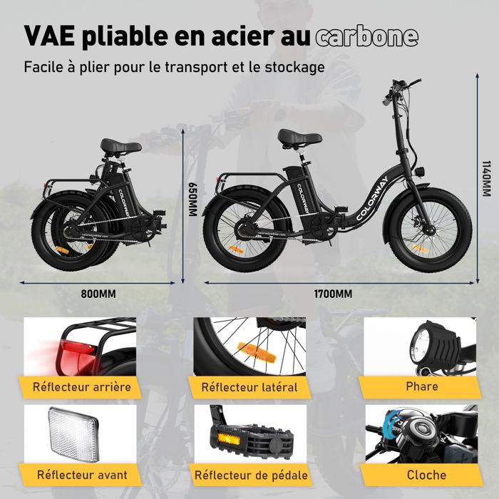COLORWAY Vélo Électrique Pliant 20 Pouces – Moteur 250W, Batterie 36V 15Ah/12Ah, Autonomie Jusqu'à 100 Km, Cadre Acier Q195
