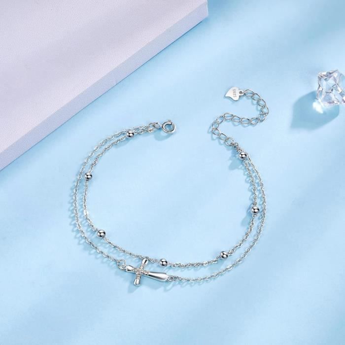 Bracelet Cheville Femme Yinsen - Argent 925, Double Chaîne Avec Perles - 22+4cm Ajustable - Cadeau