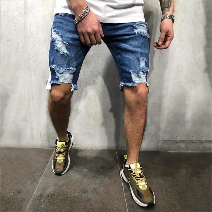 Short en jean troue slim pour homme Marque Coupe micro elastique Coloris bleu clair