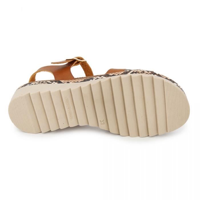 Sandales plates tri matiere python boucle Femme WHY LAND Marron Cdiscount Chaussures