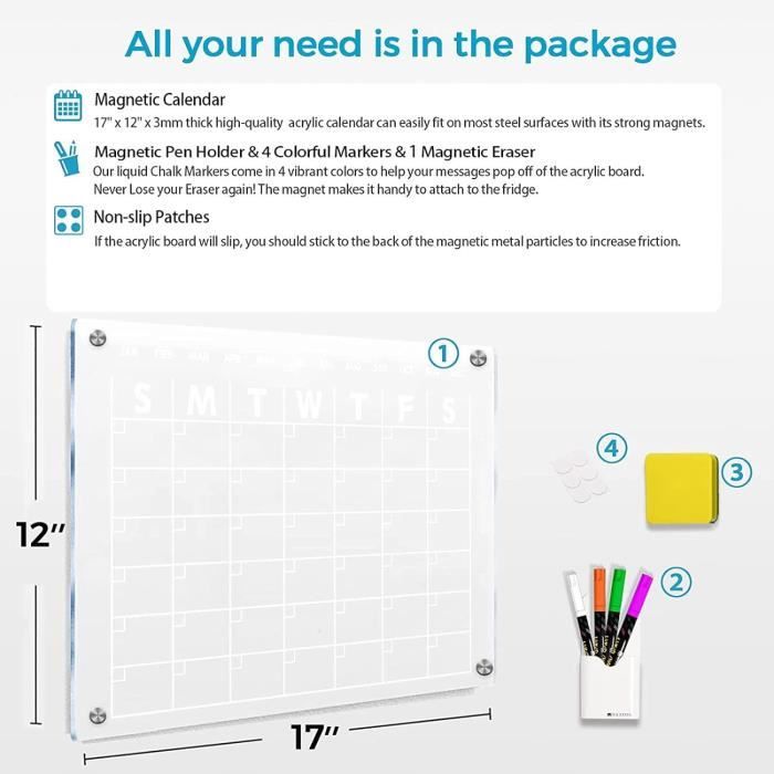 BASVII Calendrier Magnetique Frigo Transparent, 2 Pack Planning Mensuel Familial Acrylique, 40x30cm Planificateur de Repas Hebdomadaire avec 4 Marqueurs 1 Gomme 1 Porte-Stylo (Version Allemande