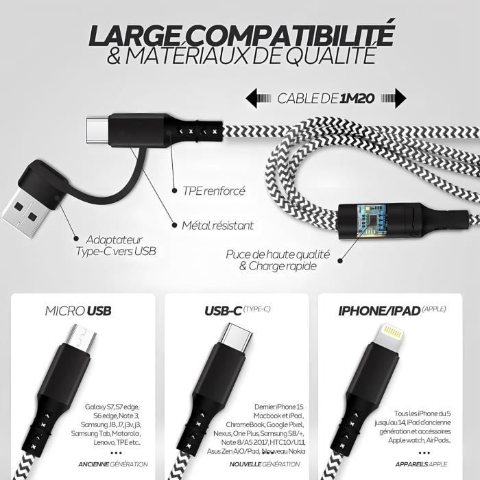 Câble Multi Usb A-C Embout - Cable 3 En 1, 5 En 1 De Charge 5V-2.4A - Usb A  Ou Usb C (Type-C) Vers Usb-C-Micro Usb-Lightning [J387] - Cdiscount  Informatique