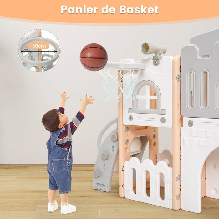 Toboggan Enfant 8 En 1 Garvee - Avec Panier De Basket, Tunnel, échelle, Cache-cache - Gris/blanc