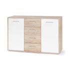 BRAND Buffet bas PILVI - 2 portes et 4 tiroirs - Blanc et chêne sonoma - L 122,6 x P 34,2 x H 81,1 cm