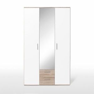 ARMOIRE DE CHAMBRE Armoire battante - Panneaux de particules - Blanc et chêne - 3 portes et 2 tiroirs + miroir - L 121 x P 54 x H 200,1 cm - SELKEA