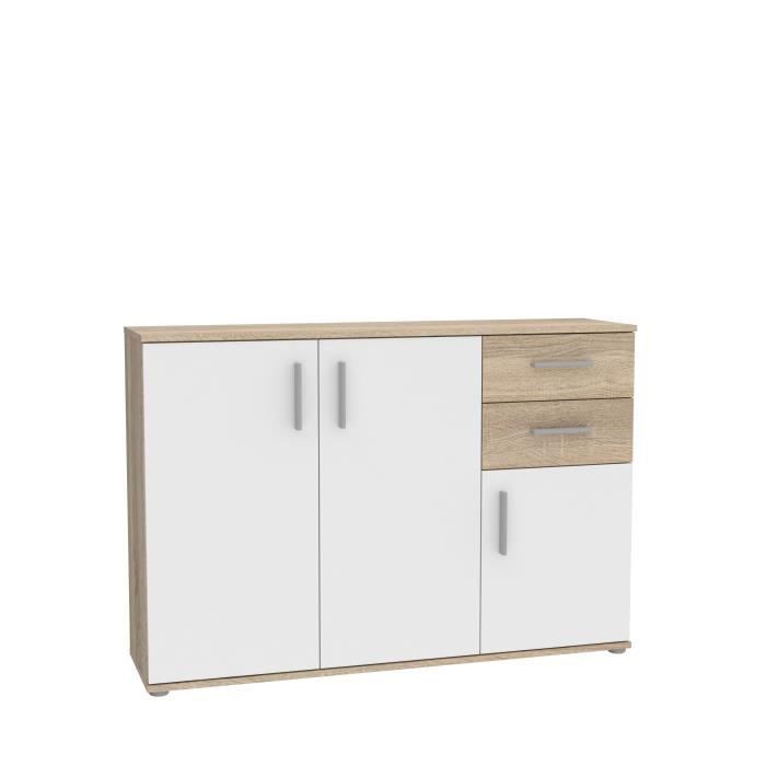 Meuble de rangement IKOLI - 3 portes, 2 tiroirs - Décor chêne Sonoma et blanc - L119,6 x P31,4 x H81