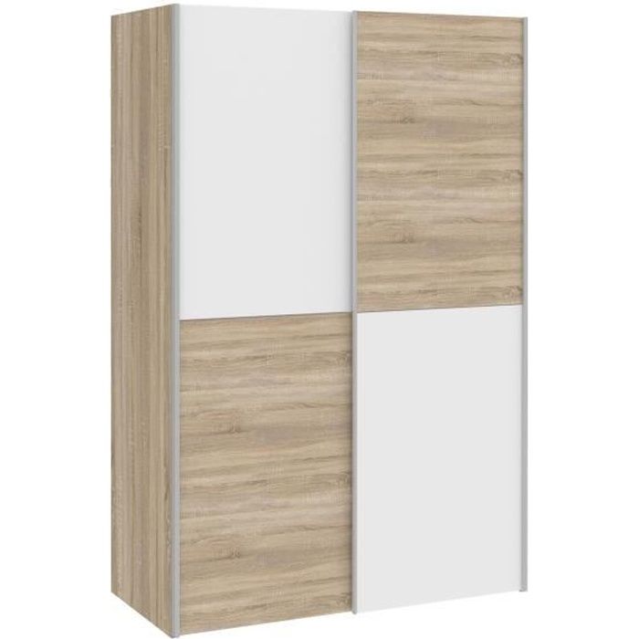 Armoire 2 portes coulissantes - Panneaux de particules - Blanc mat et décor chêne - L 120 x P 61,2 x