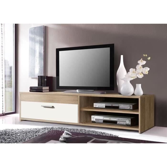Meuble TV PILVI - Style contemporain - Particules mélaminé - Décor Chêne et blanc - 1 Abattant + 2 n