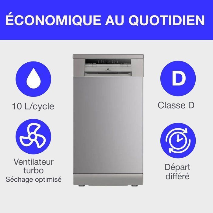 Lave-vaisselle | 45 cm | Nombre de couverts : 11 | E | Consommation d'eau ( litres) : 8.7 | Niveau sonore dB(A) : 47 | Nombre de