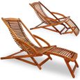 CASARIA® 2x Chaises longues en bois d'acacia Bain de soleil ergonomique avec appui tête Transat jardin Repose pieds amovible-0