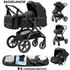 BAZARLAND30.Poussette 3 en 1 Bébé Combinée Siège-Auto Nacelle Trio Réversible Réglable Haute Qualité Roues increvables Canne.noir