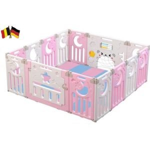 PARC BÉBÉ FANTAISIE Parc Bébé en Plastique 14 Barrière de Securité Protection Panneaux d’Activité et Porte Barrière ROSE BLANC