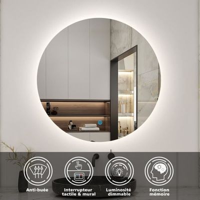 Miroir Rond LED pour Salle de Bain - Éclairage Intégré, Anti-buée et Contrôle Tactile - 100x100 cm | Leroy Merlin