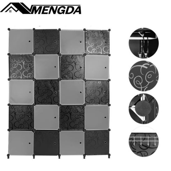 UISEBRT Armoire Penderie Modulaire 20 Cubes Avec Portes – Rangement DIY 145x37x178 Cm, Noir Motif, Idéal Chambre, Bureau, Chaussures
