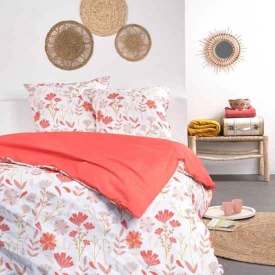 Parures de couettes - Today - Parure de lit double en coton "Sunshine" imprimé floral - Rose corail/Blanc - 220 x 240 cm