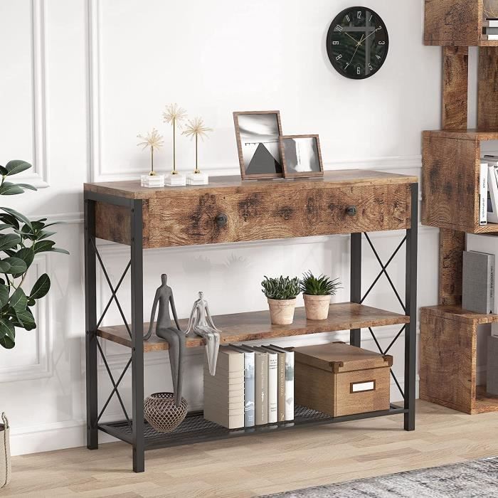 Table console style industriel - Table d’appoint - Avec Tiroir - 2 Étagères en treillis - 100 x 30 x 80 cm
