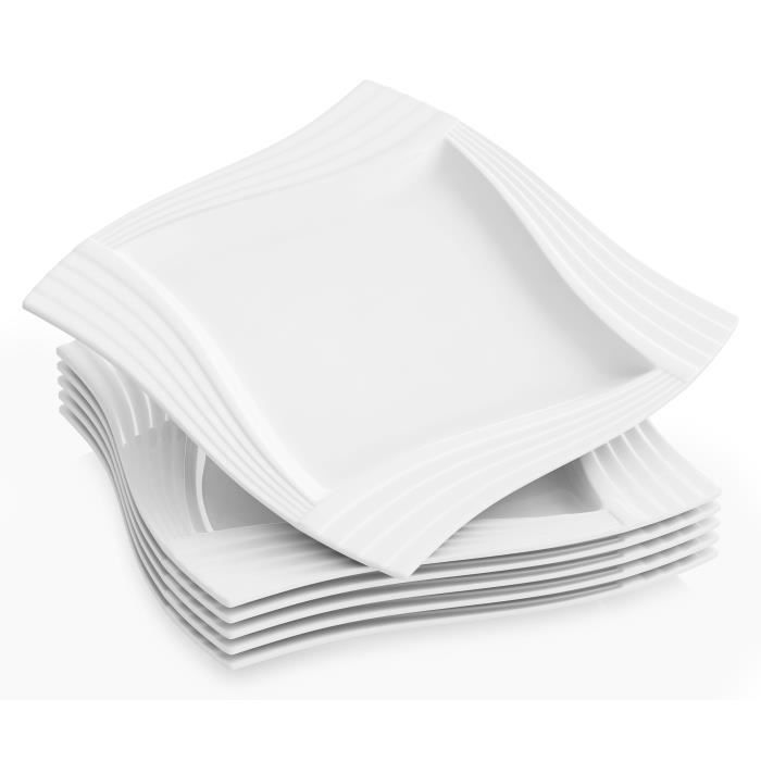 6pcs Assiettes Plates Vaisselles Assiette Carrée Porcelaine Plat Service de Table Malacasa Série AMPARO